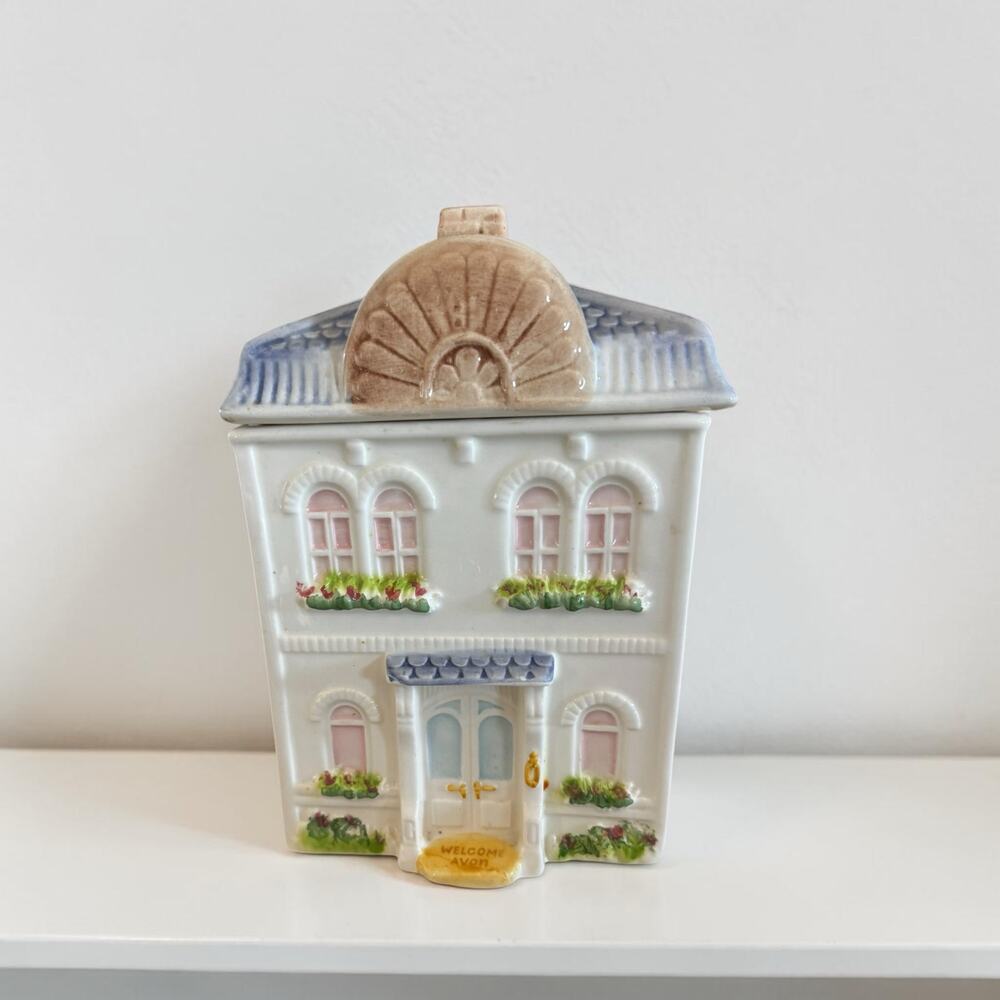 Vintage Avon Townhouse Canister Cookie Jar | Ceramic House Container with Lid
